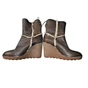 Moncler Brown Leather Merino Fur Boots Platform Wedge Booties 39 USA 8.5